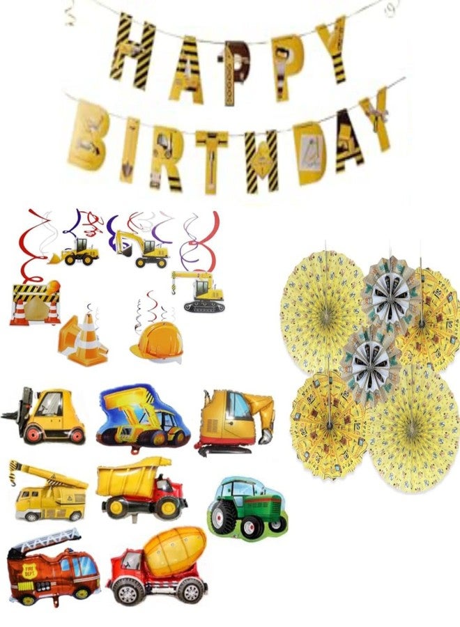 JAGMAG® Construction Theme Party Decorations for Kids, Construction Theme Set of 5 Balloons , 30Pcs Hanging Swirl , Paper Banner, Set of 6 Fan - Image 2